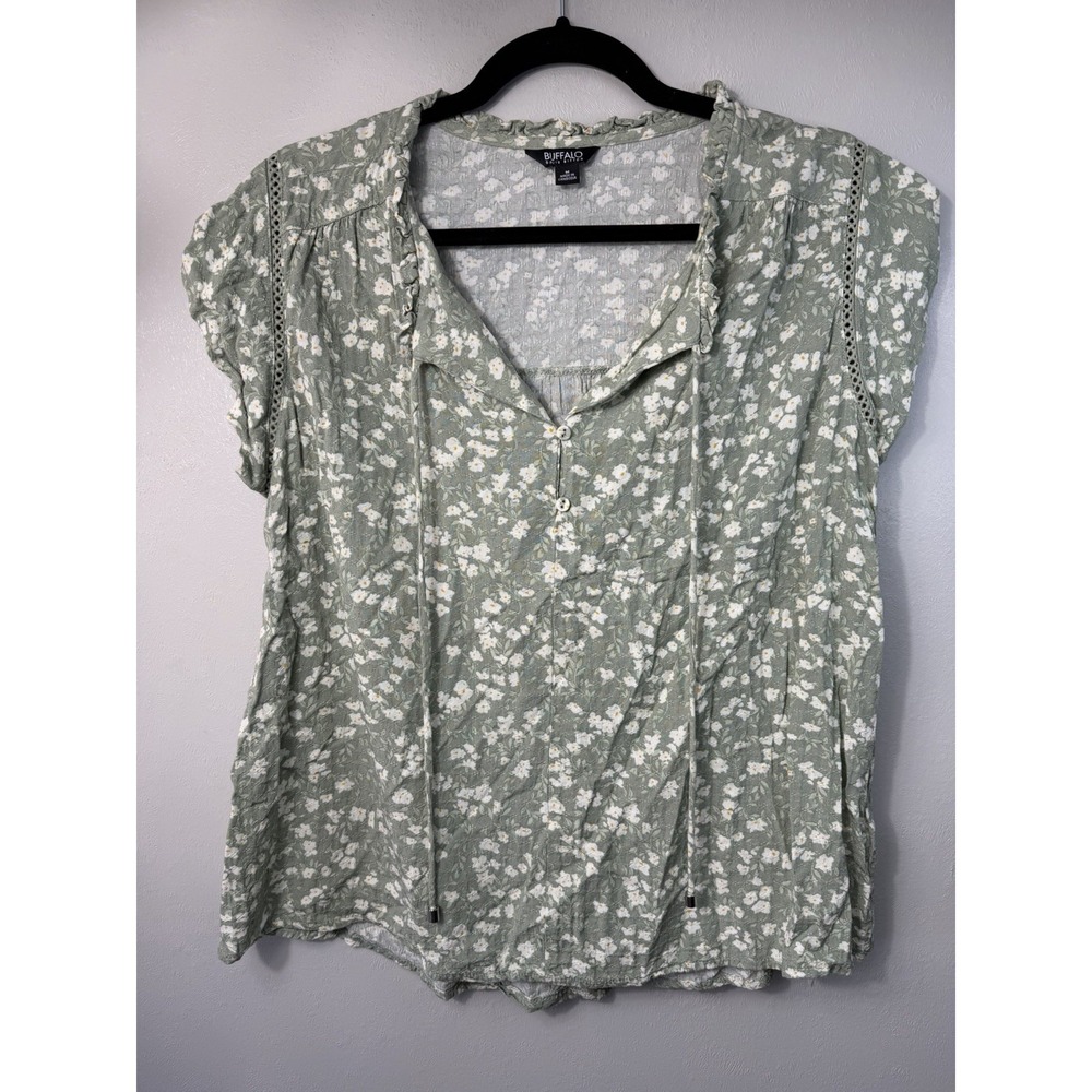 Buffalo‎ Light Olive Boho Capped Sleeve Floral Blousexw Ties Size M